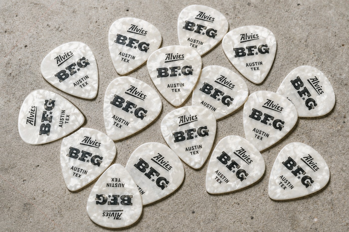 Alvie's BFG tortoiseshell guitar picks, Austin Tex