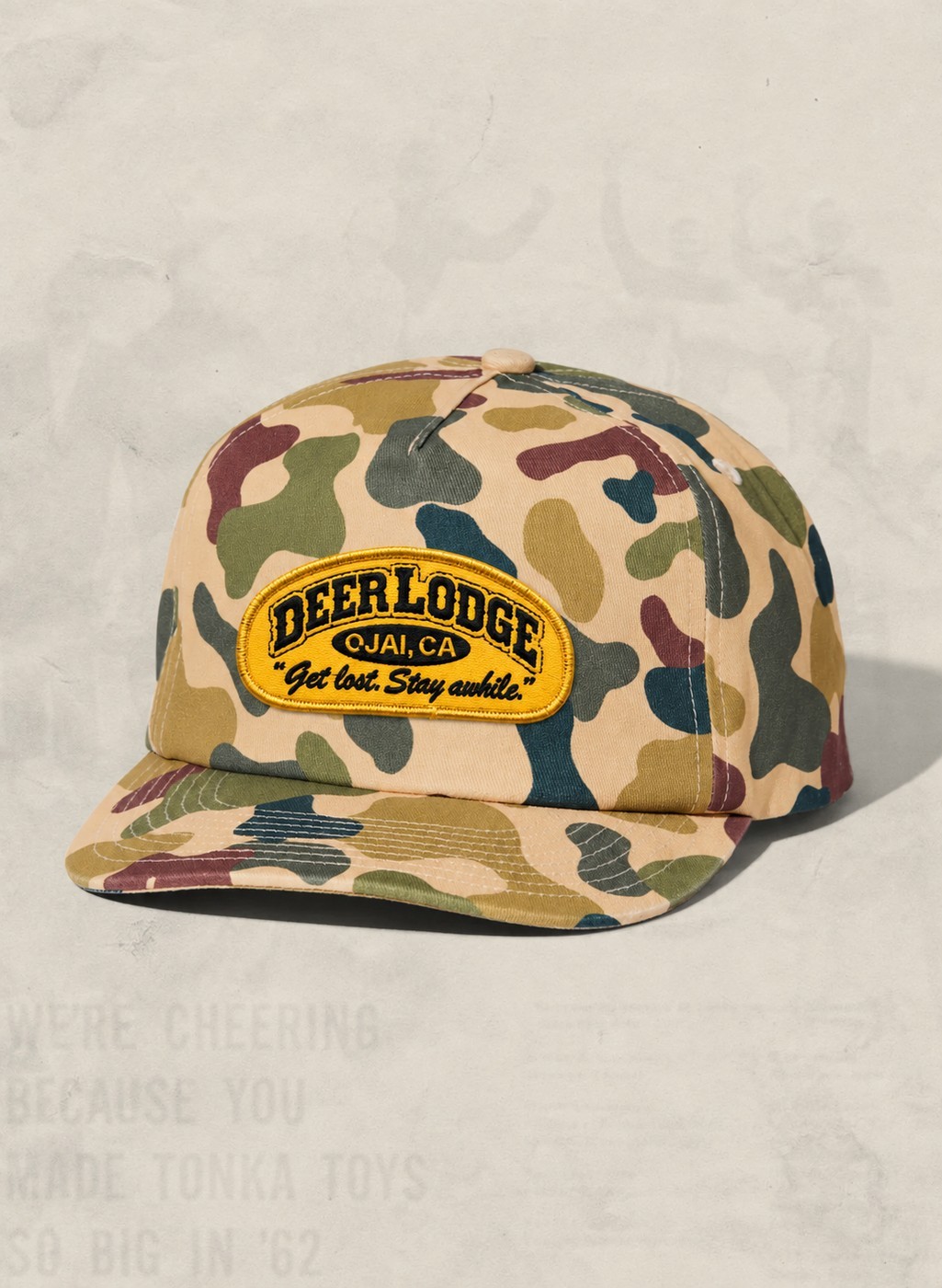 Deer Lodge Ojai, CA camo trucker cap with gold patch